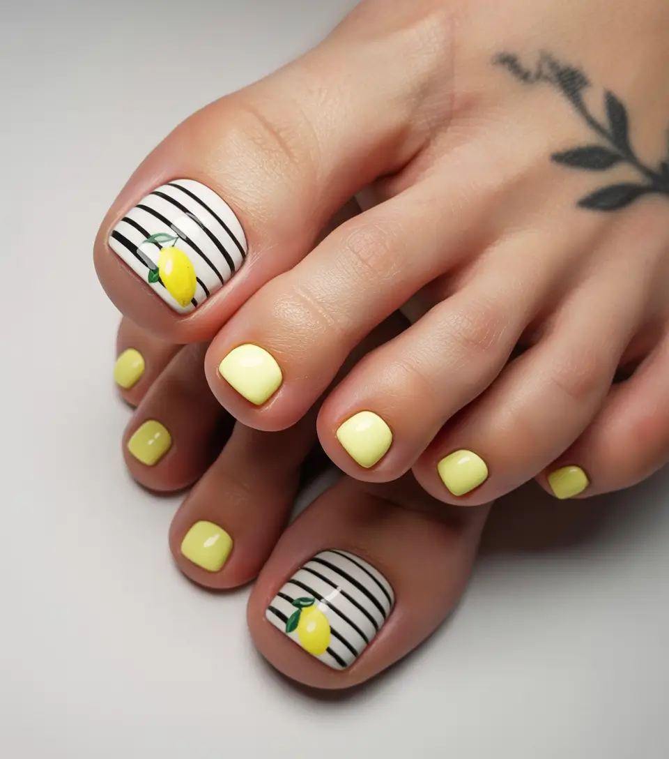 Fall Toe Nail 2025 Sunny Lemon Accents With Stripes