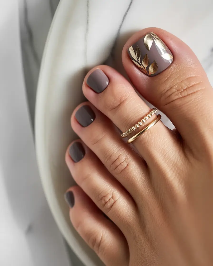 Fall Toe Nail 2025 Mocha Elegance With Golden Leaves