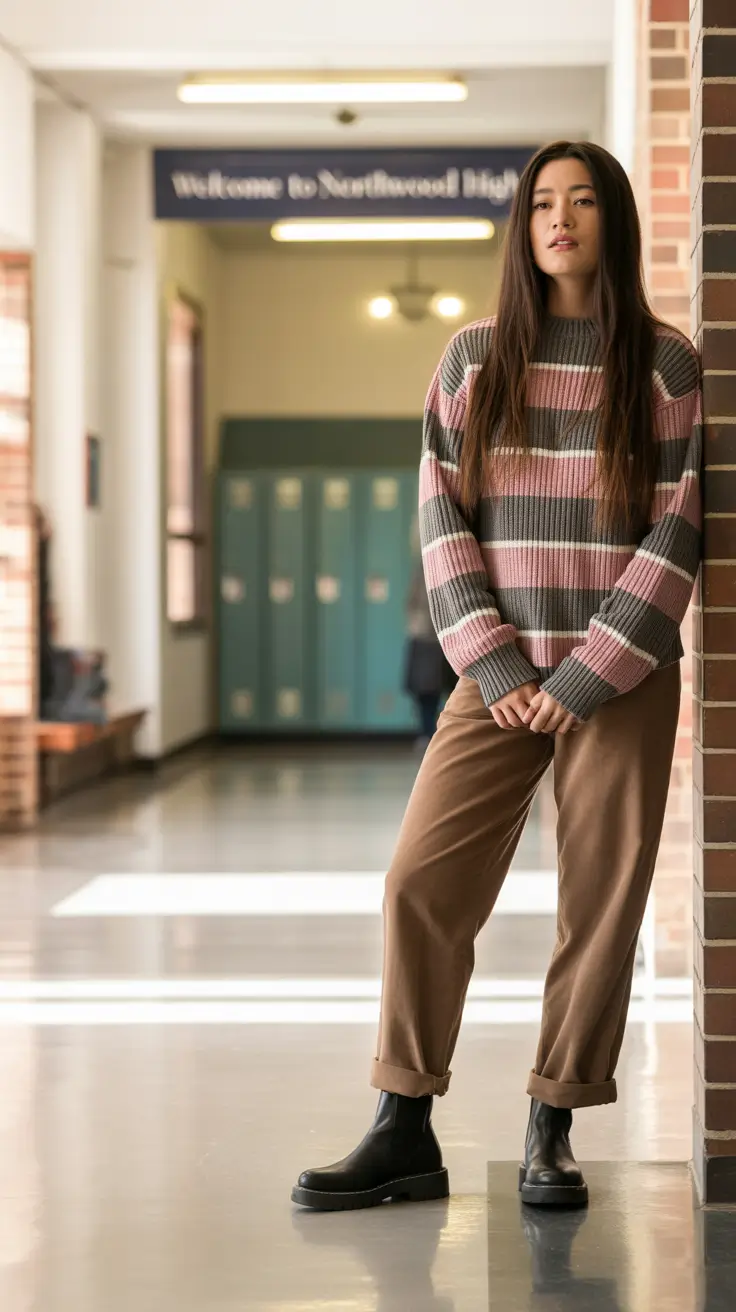 fall outfits for school Muted Stripes; Relaxed Neutrals