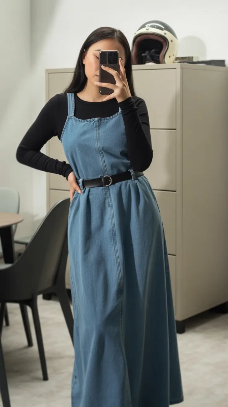 fall outfits for school Denim Maxi Dress with Minimal Layers