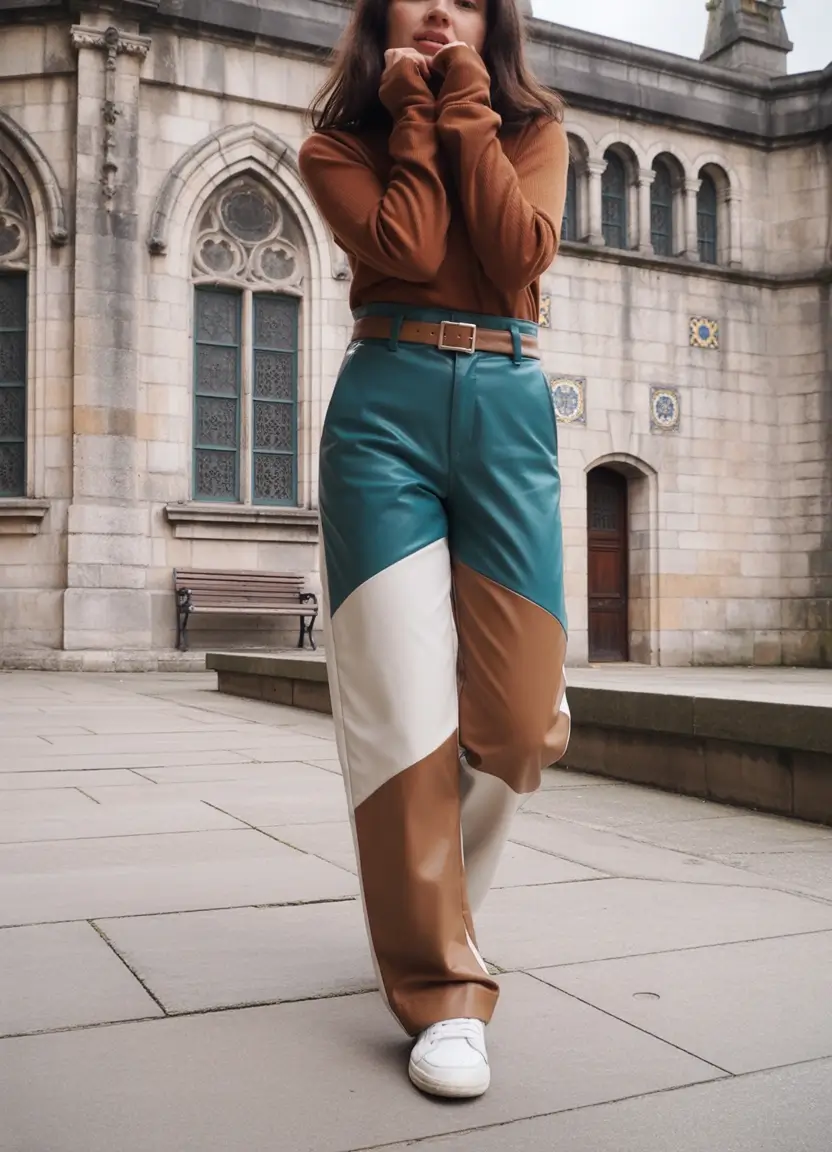 fall outfits for school Geometric Color-Block Leather Pants