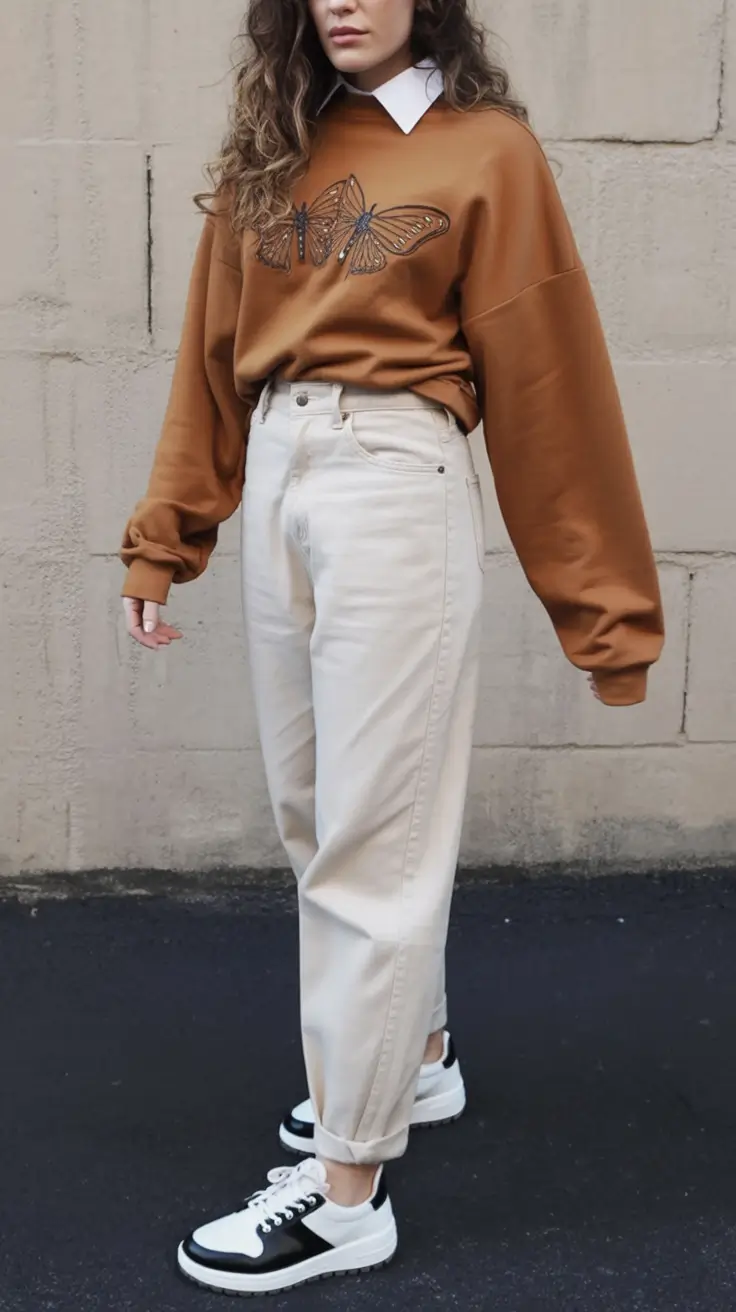 fall outfits for school Butterfly Sweatshirt & Tucked Collar