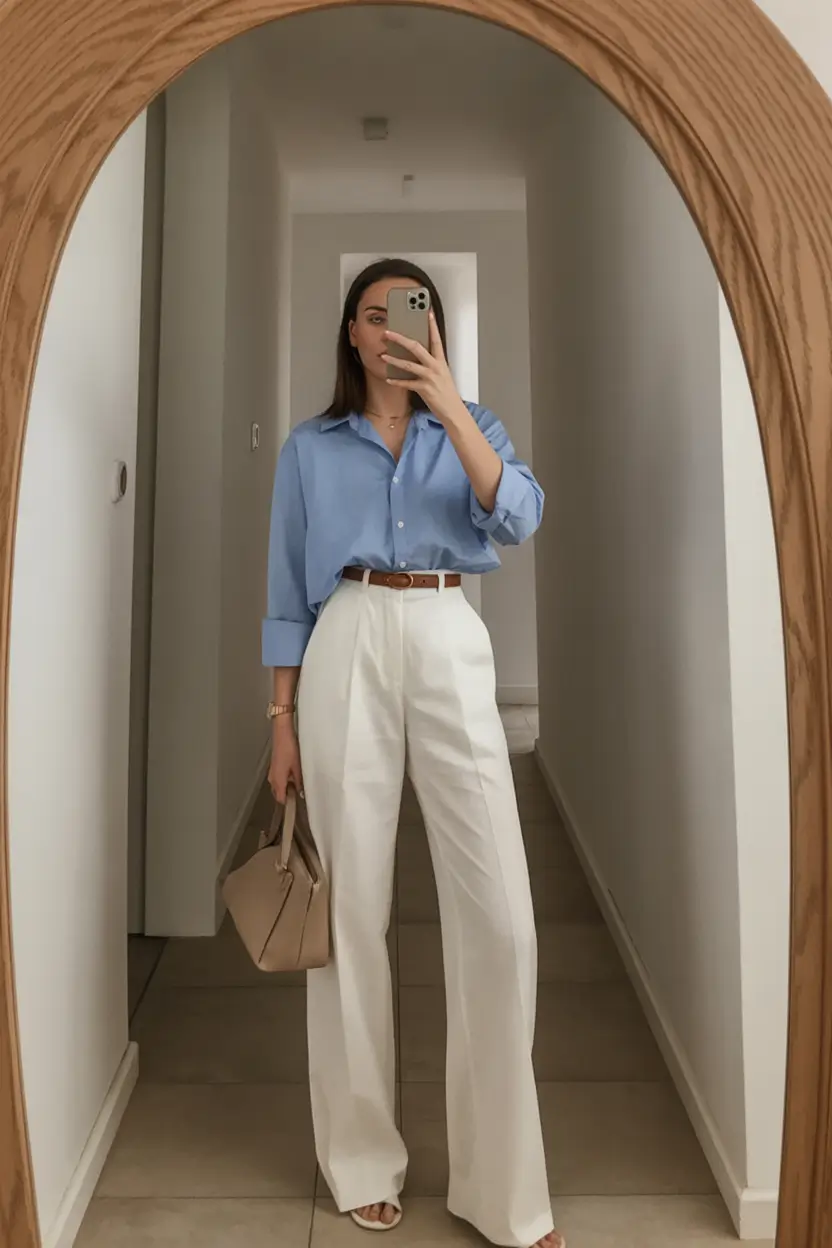fall outfits for school Blue Shirt & Wide-Leg Whites