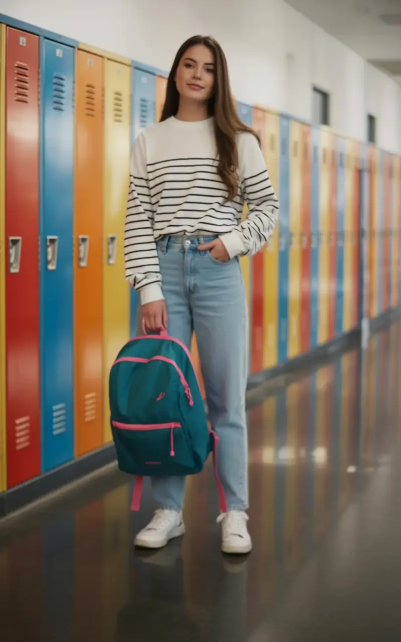 fall outfits for school Striped Long Sleeve & Light Denim