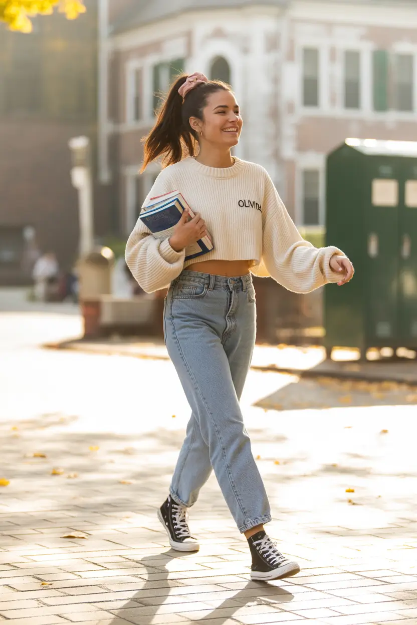 fall outfits for school Cropped Cream Knit & High-Top Energy