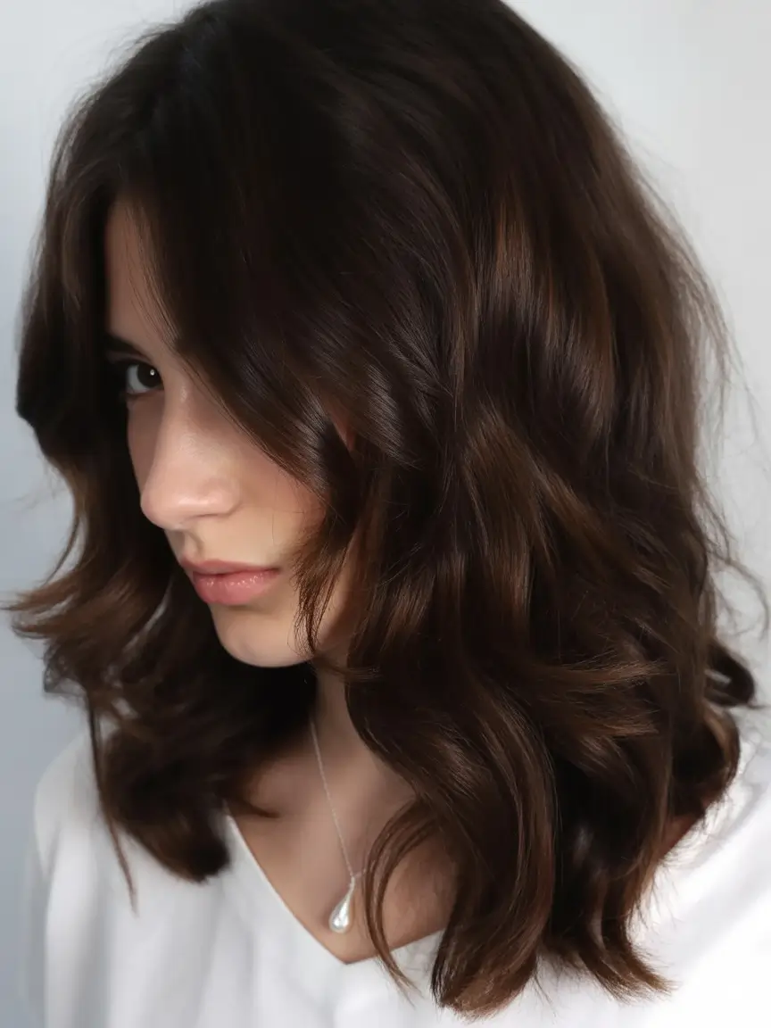 dark brown fall hair colors Soft Chocolate Waves with Mid-Length Volume