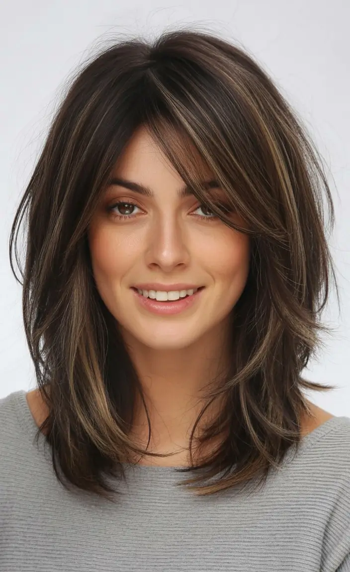dark brown fall hair colors Wispy Layers with Sandy Caramel Streaks