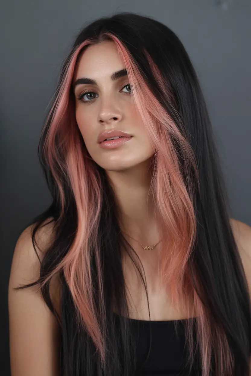 dark brown fall hair colors Jet Black Base with Rose Gold Face Frame