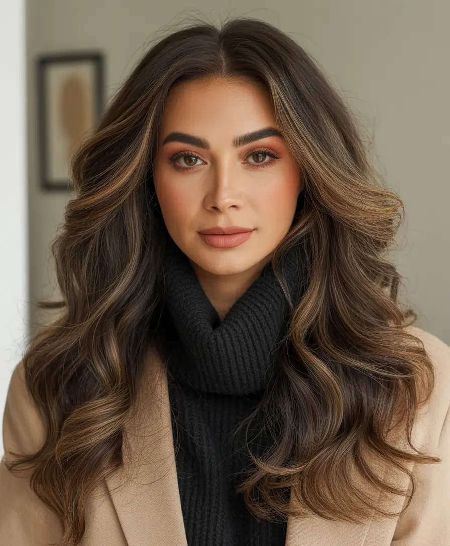 dark brown fall hair colors Polished Caramel Luxe with Loose Volume