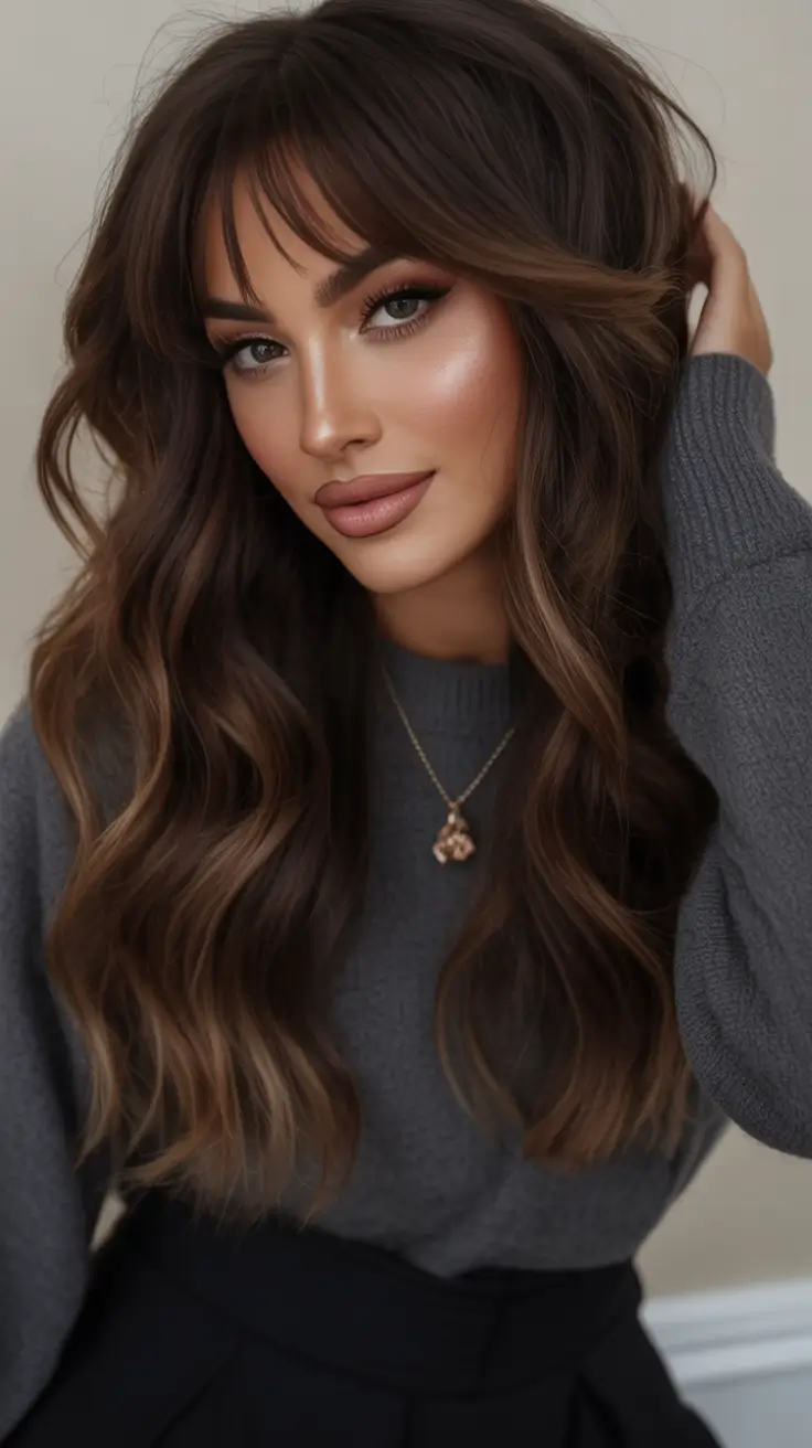dark brown fall hair colors Rich Brunette with Feathered Curtain Bangs