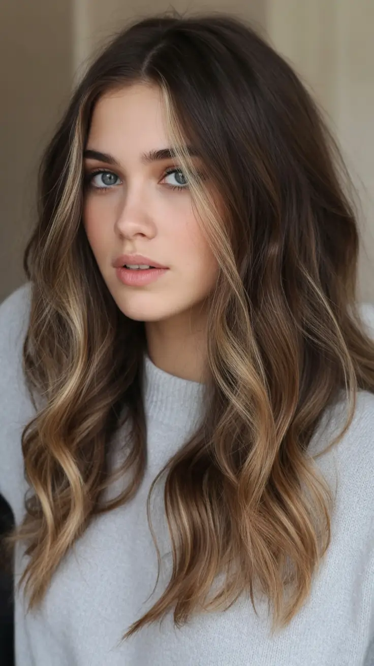 dark brown fall hair colors Golden Ash Contrast with Fluffy Ends