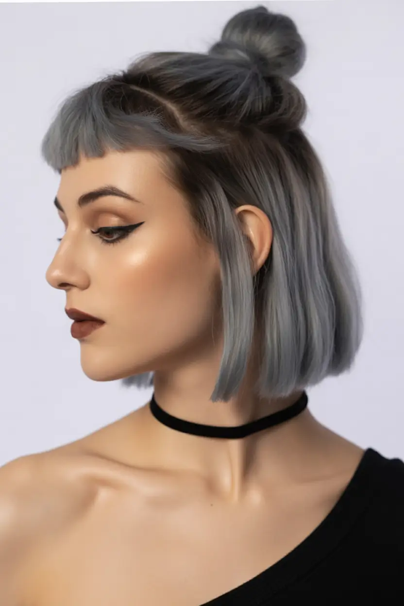 Fall hairstyle short hair Gunmetal Bob with Baby Bangs