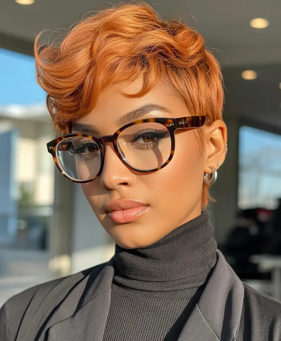 Fall hairstyle short hair Warm Copper Waves with a Vintage Frame