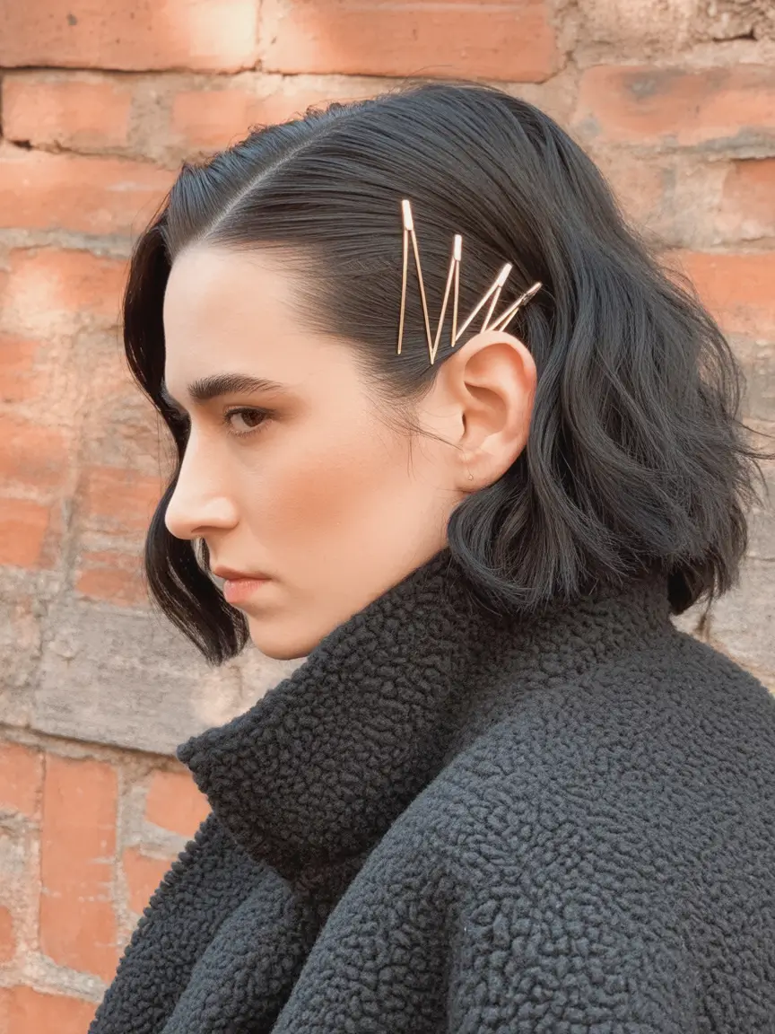 Fall hairstyle short hair Glossy Bob with Graphic Pins