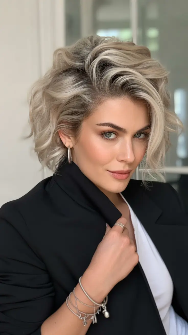 Fall hairstyle short hair Sculpted Blonde Volume with Side Swoop
