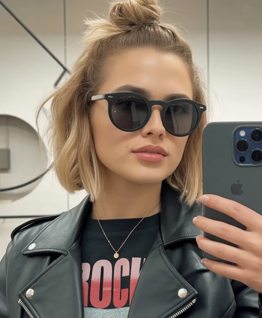 Fall hairstyle short hair Half-Up Top Knot with Shades