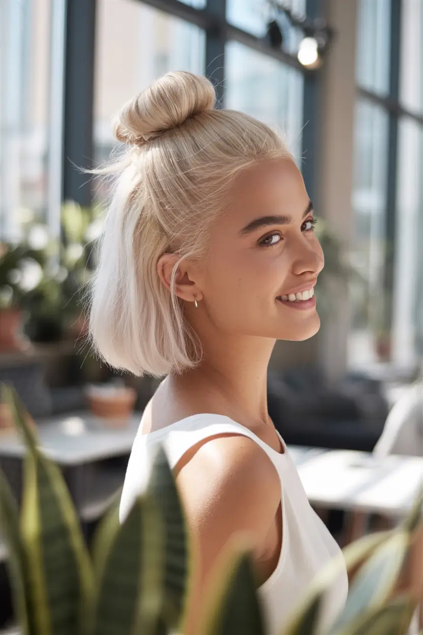 Fall hairstyle short hair Platinum Bun with Clean Bob Base