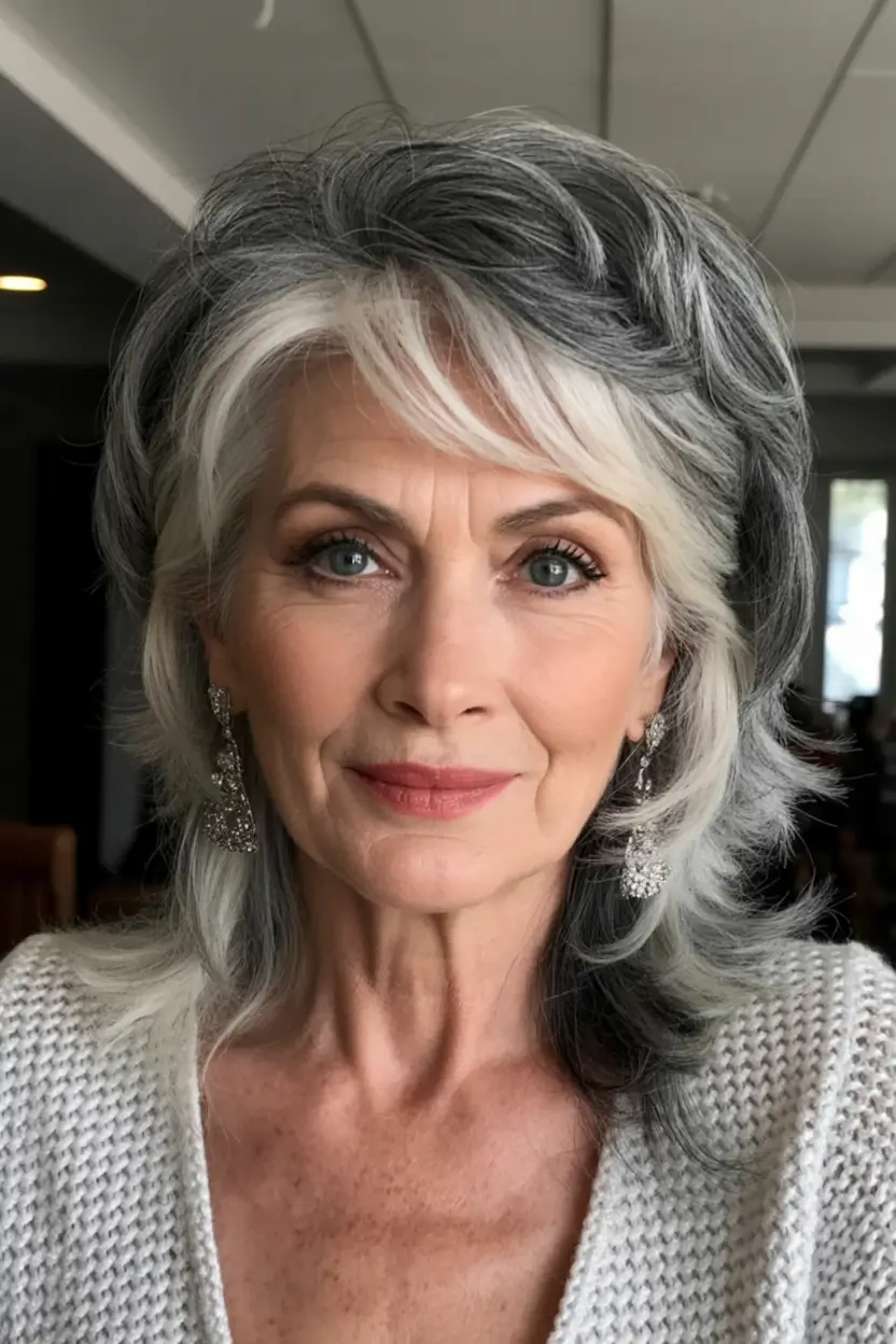 Fall haircuts for women over 60 Layered Long Shag with Contrast