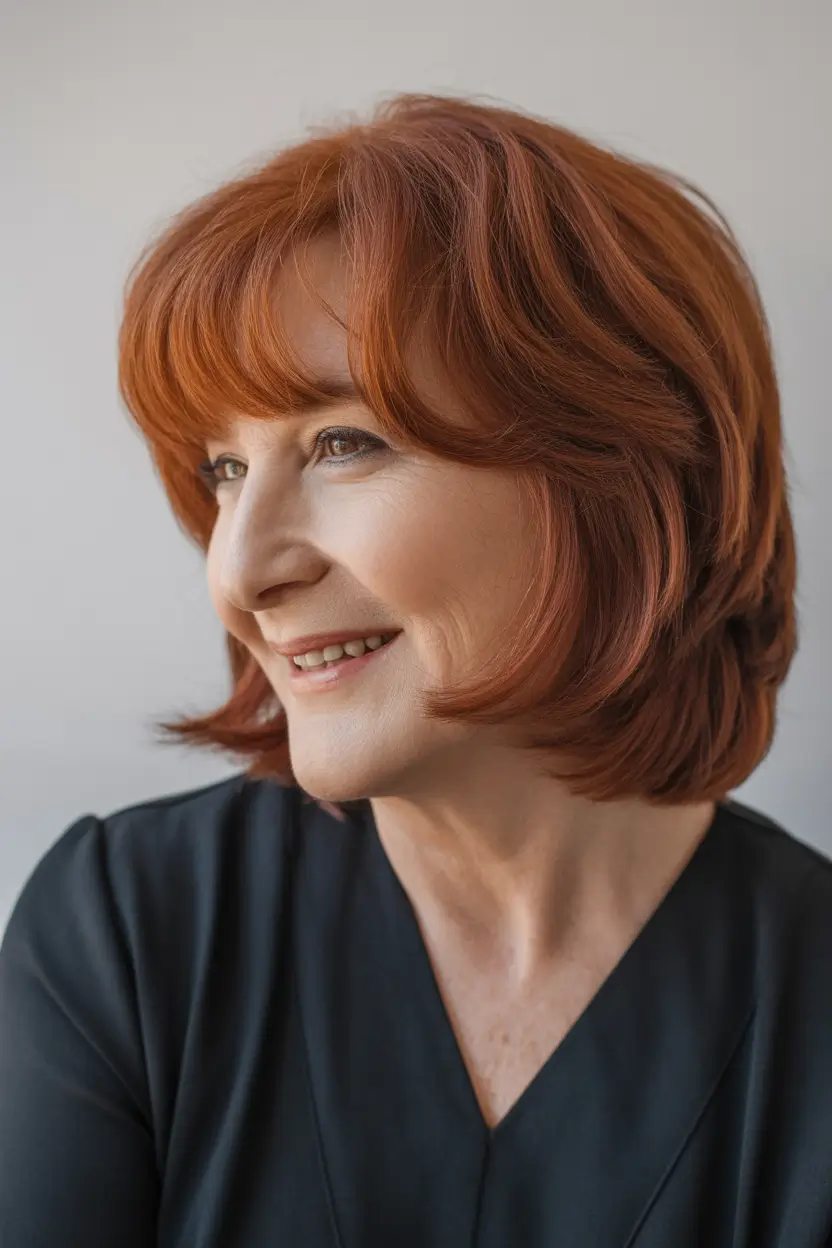 Fall haircuts for women over 60 Warm Auburn Layers with Bangs