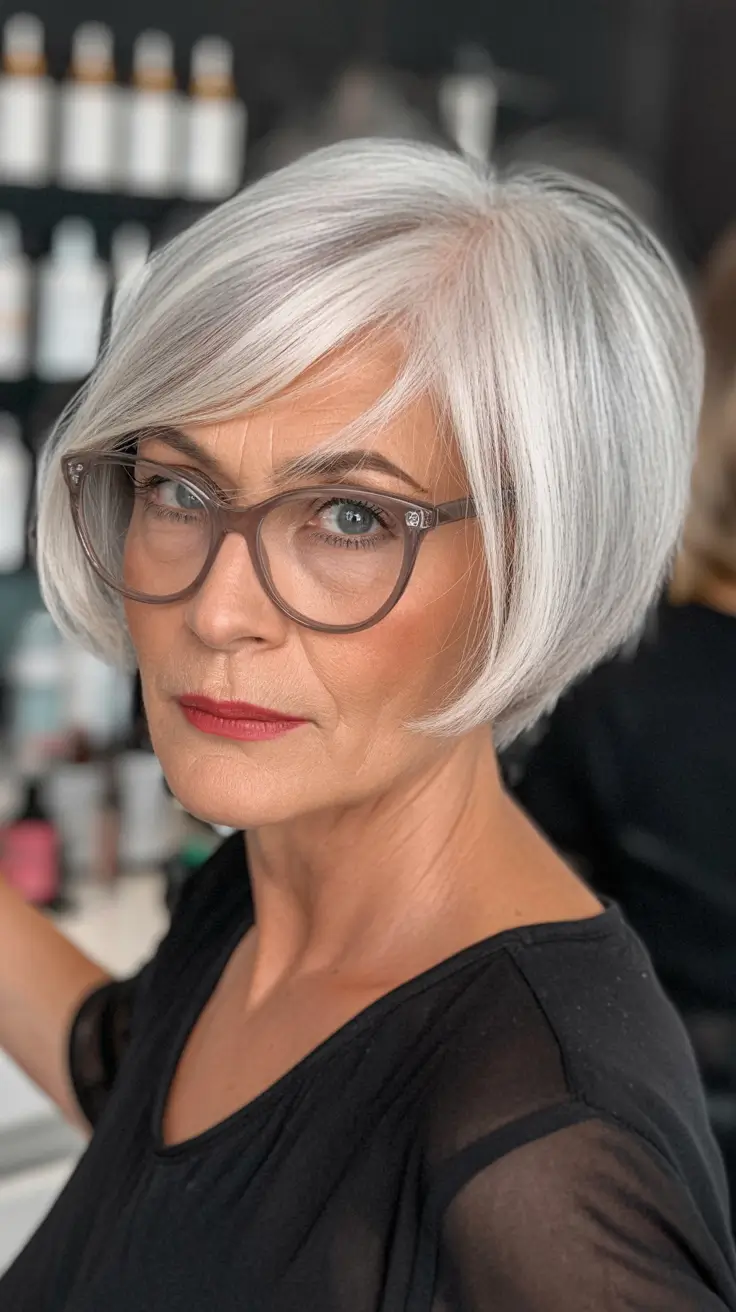 Fall haircuts for women over 60 Precision Silver Bob with Side Sweep