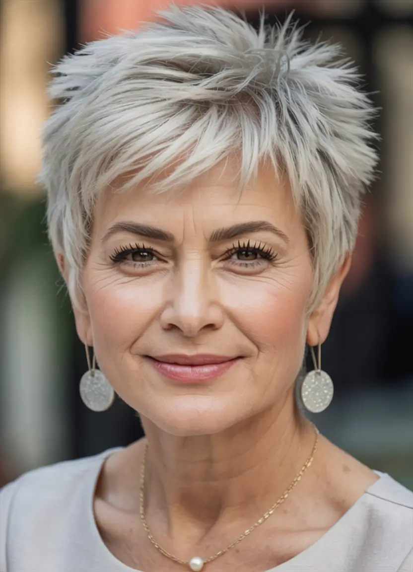 Fall haircuts for women over 50 Textured Silver Pixie with Tousled Crown