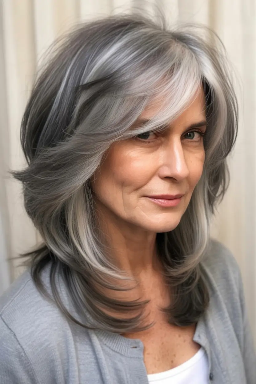 Fall haircuts for women over 50 Layered Grey with Face-Framing Curtain Bangs