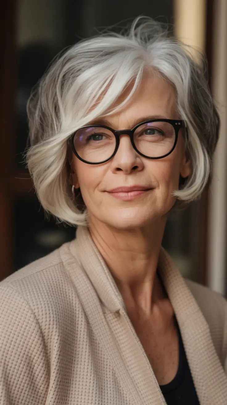 Fall haircuts for women over 50 Chic Grey Long Bob with Side Part