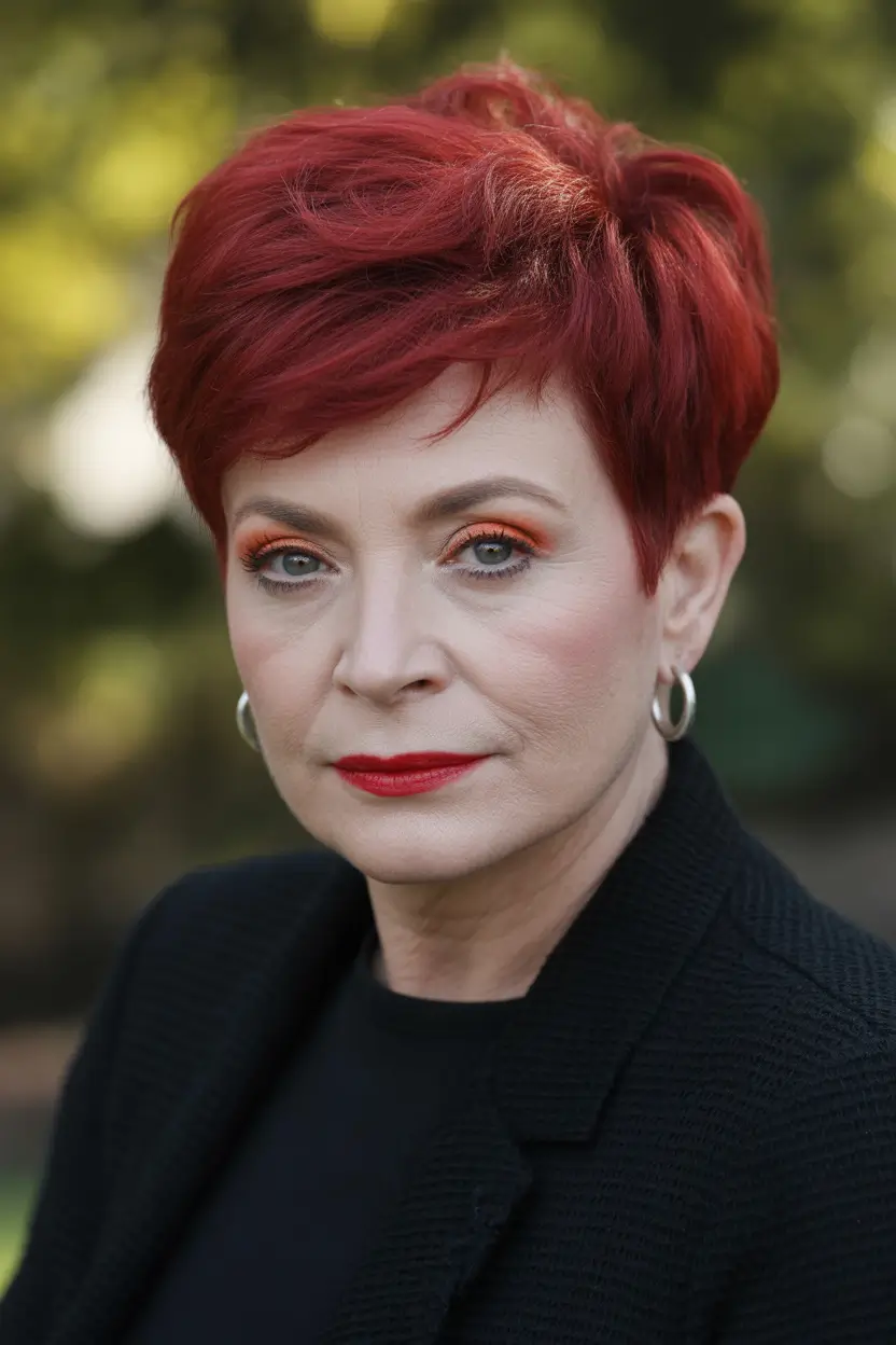 Fall haircuts for women over 50 Bold Red Pixie with Side-Swept Fringe
