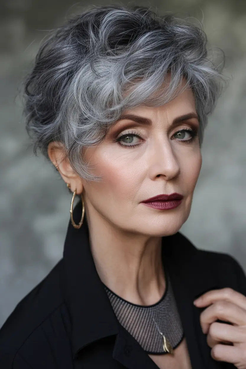 Fall haircuts for women over 50 Curled Silver Pixie with Side Volume