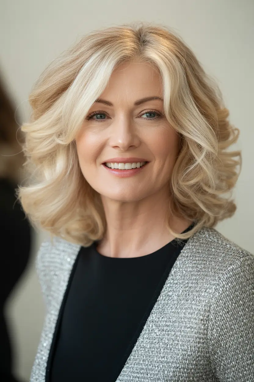 Fall haircuts for women over 50 Soft Blonde Curls with Side Part