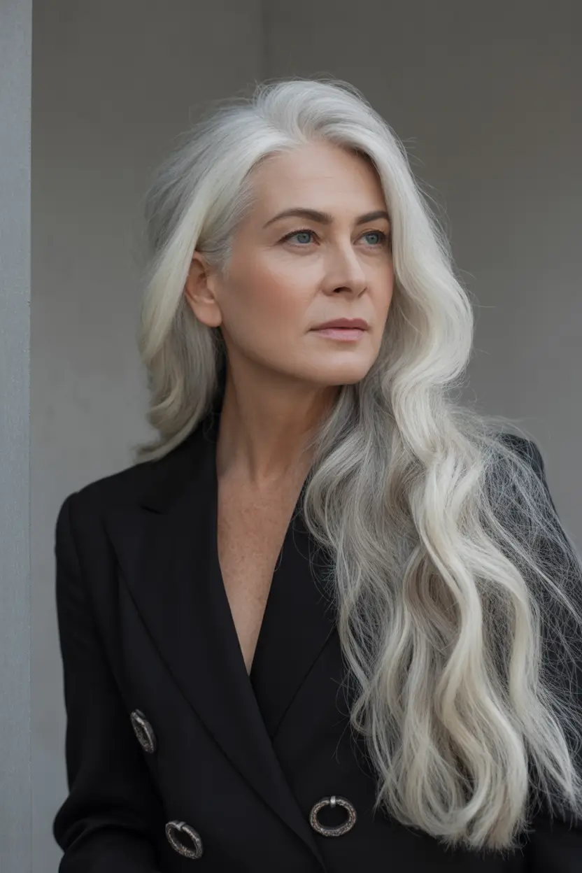 Fall haircuts for women over 50 Long Silver Waves with Soft Layers