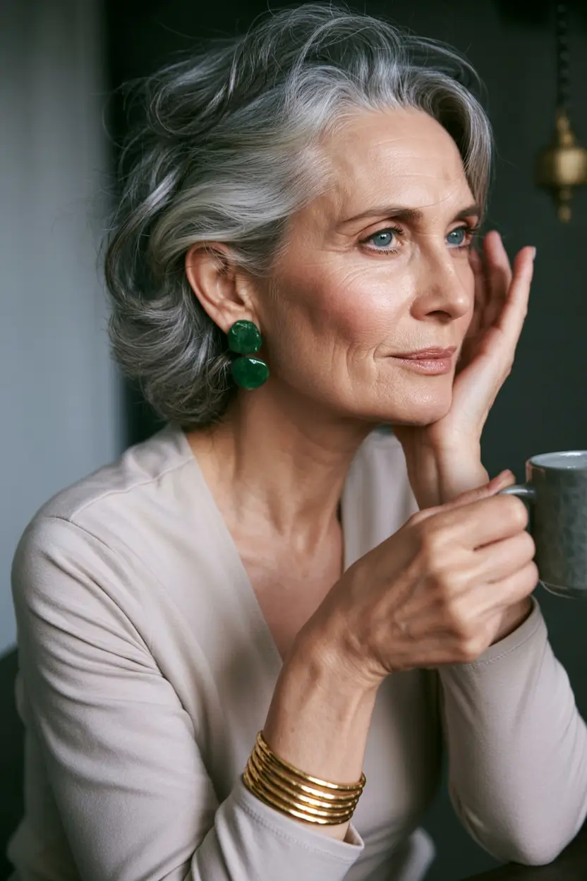 Fall haircuts for women over 50 Polished Shoulder-Length Grey Bob