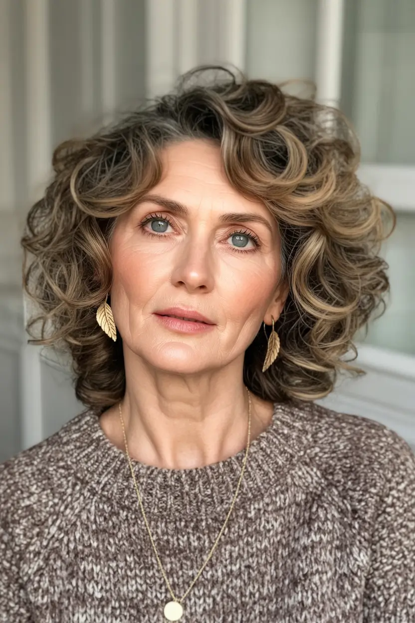 Fall haircuts for women over 50 Voluminous Curly Bob with Warm Highlights