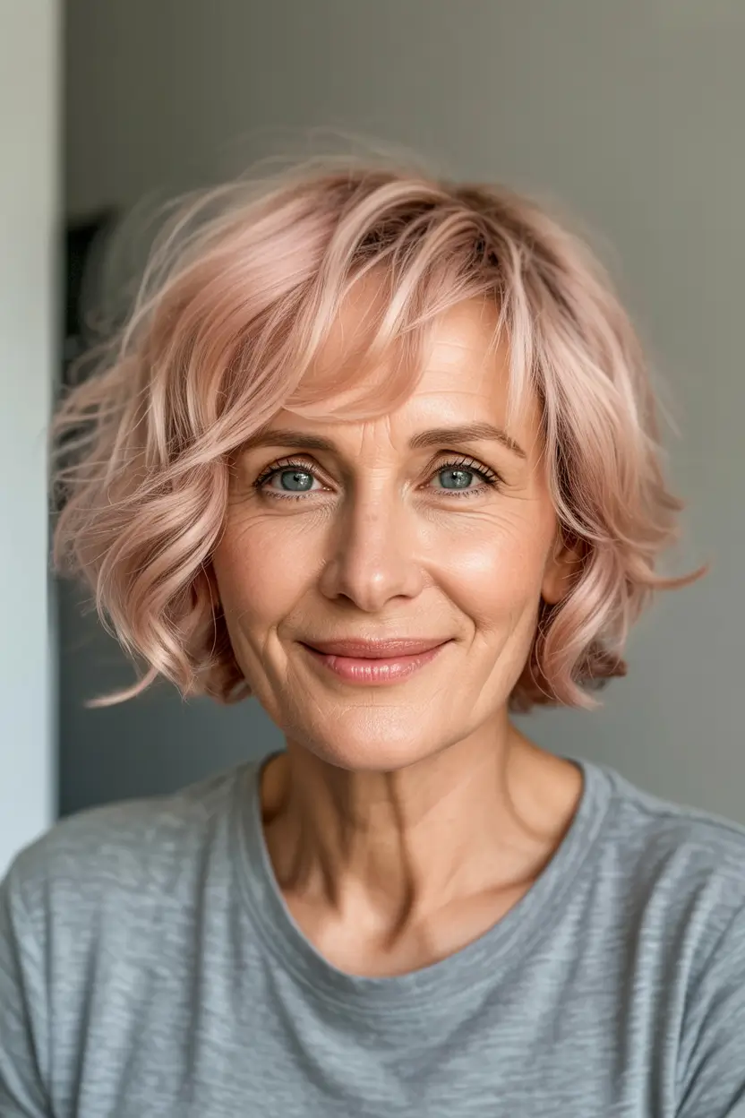 Fall haircuts for women over 50 Soft Pastel Pink Bob with Textured Waves