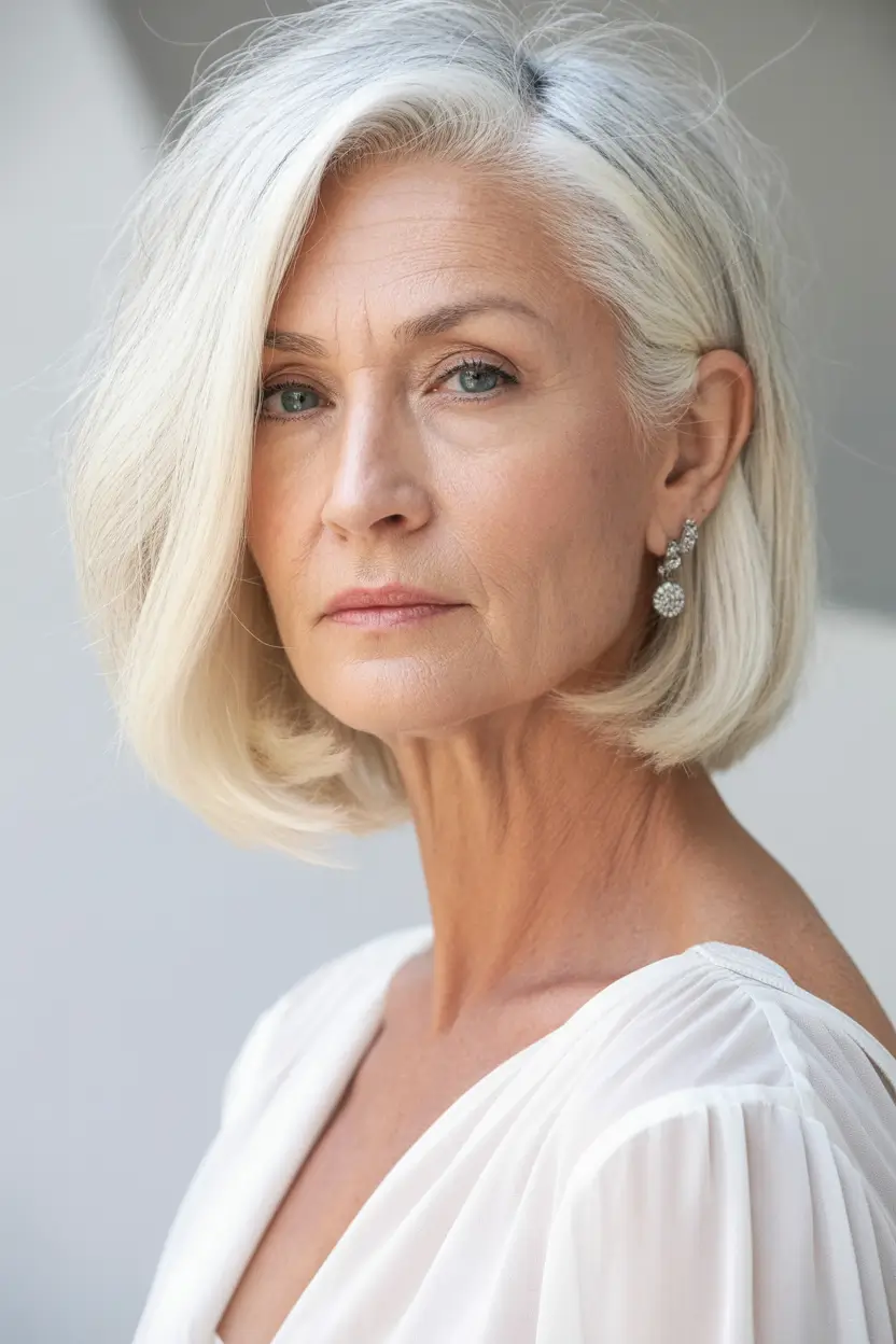 Fall haircuts for women over 50 Chin-Length Sleek Bob with Icy Blonde Tones