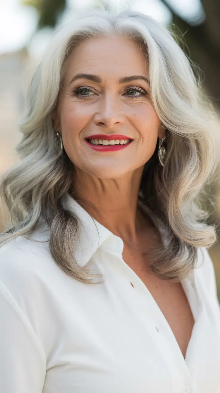 Fall haircuts for women over 50 Polished Long Layers with Silver Dimension