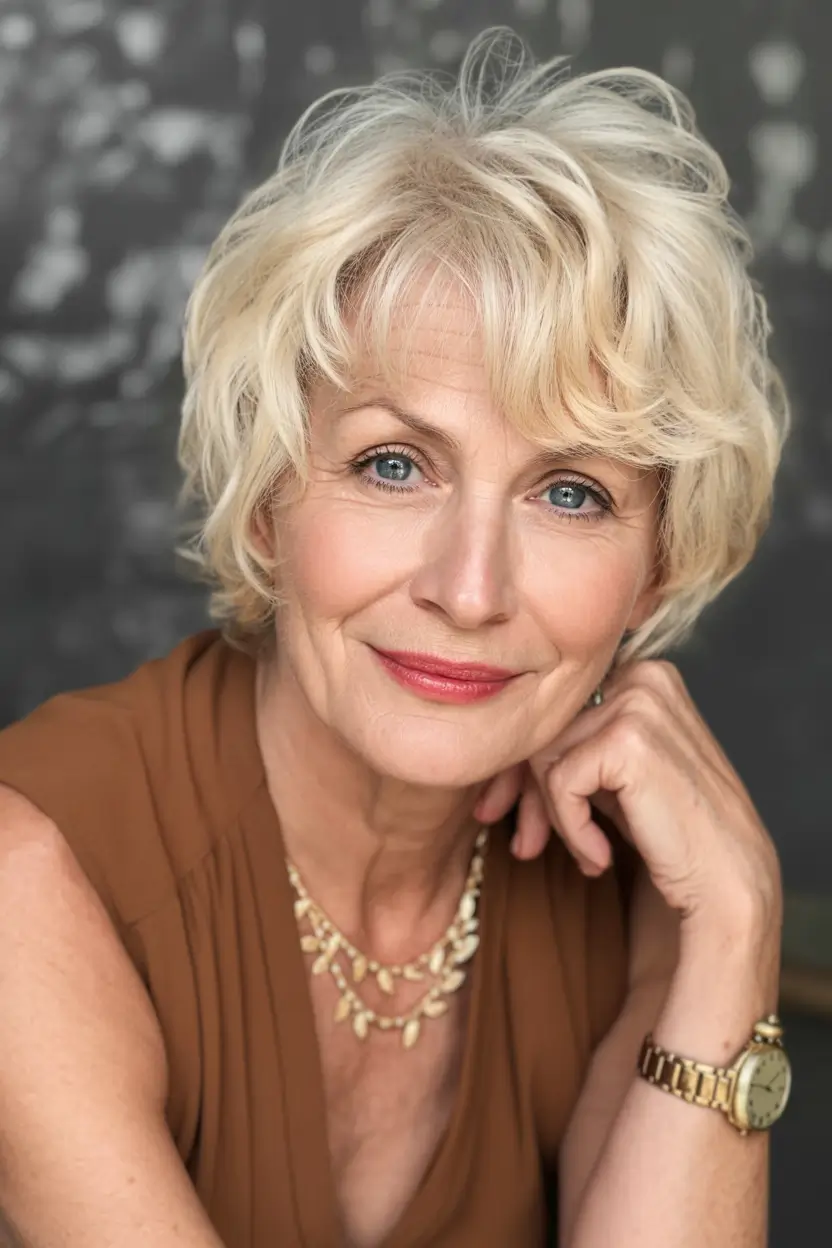 Fall haircuts for women over 50 Soft Blonde Shag with Playful Bangs