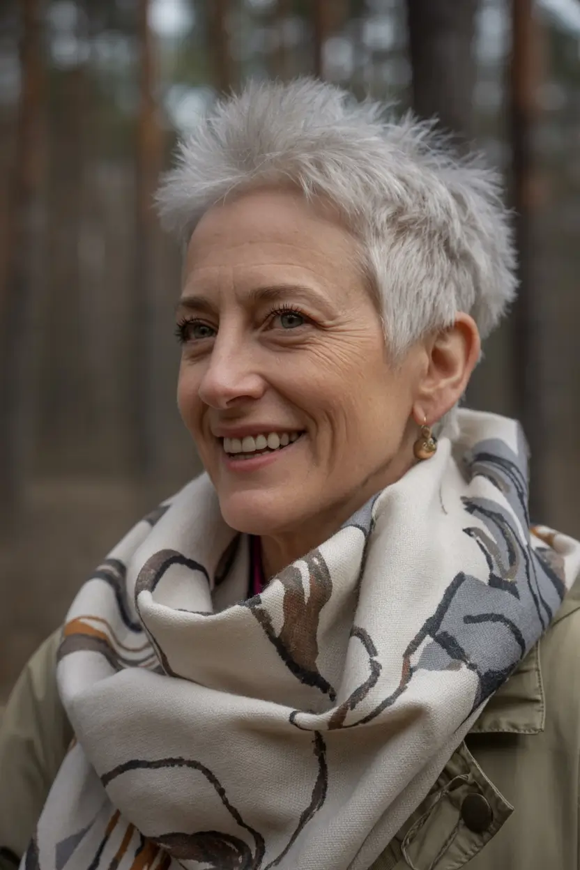 Fall haircuts for women over 50 Ultra Short Silver Pixie with Tapered Sides