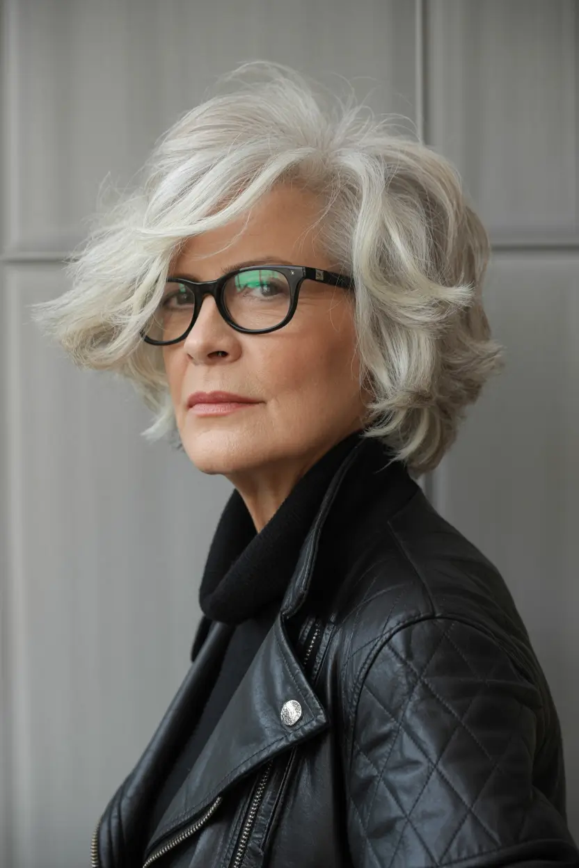 Fall haircuts for women over 50 Voluminous Grey Wedge with Side Sweep
