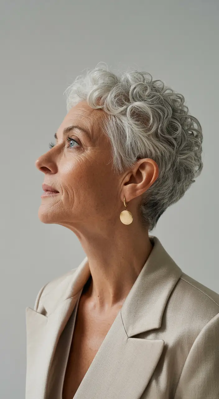 Fall haircuts for women over 50 Curly Tapered Pixie with Natural Volume