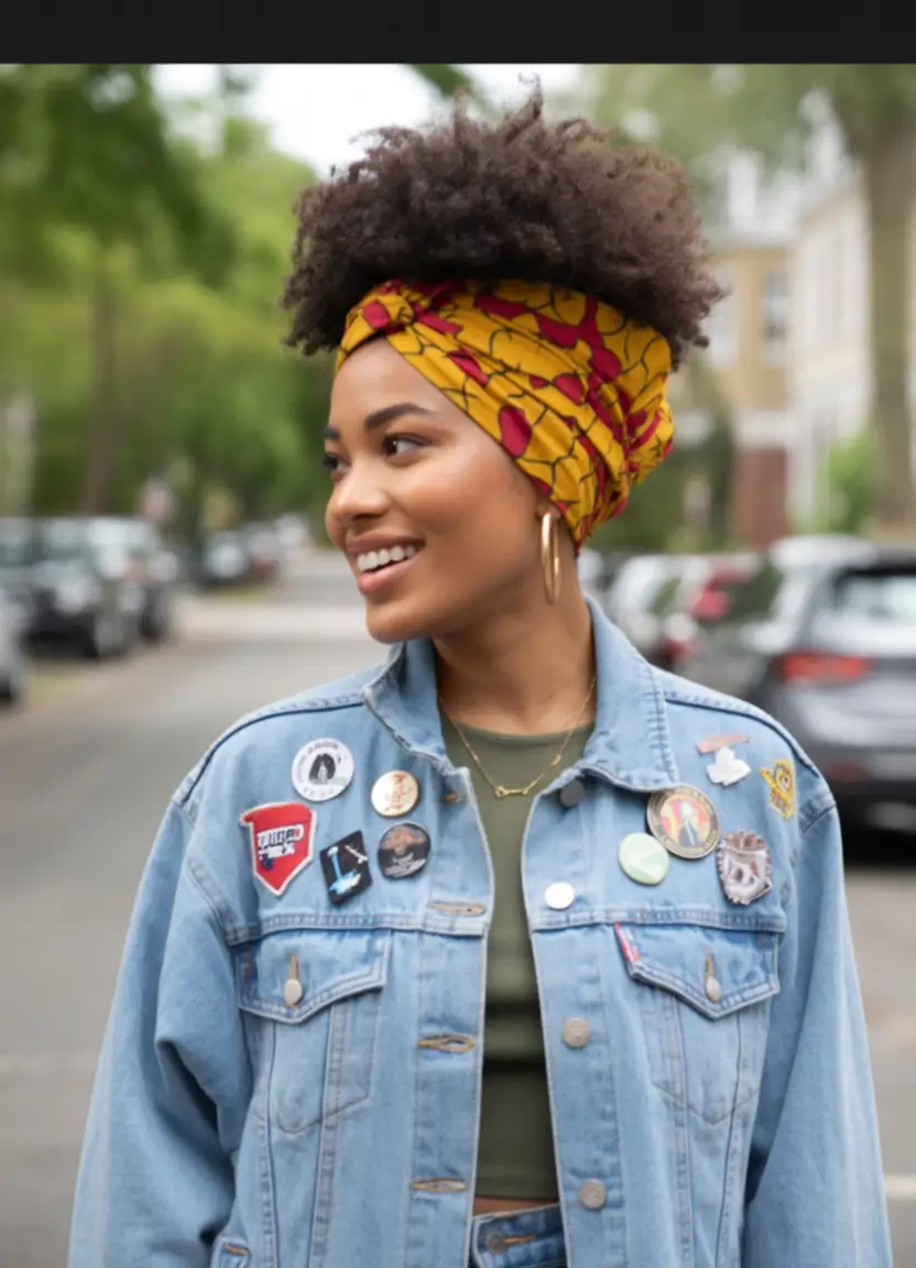 Fall hairstyle black women Afro Puff with Printed Headwrap