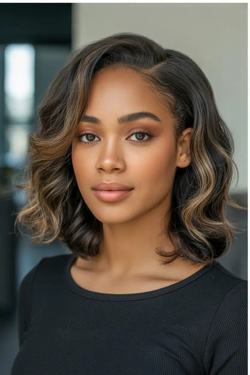 Fall hairstyle black women Soft Side-Swept Lob with Highlights