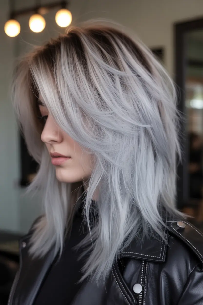 Fall 2025 Hairstyles Perfect for Mid-Length Cuts – Silver-Smoke Layered Shag with Curtain Lift
