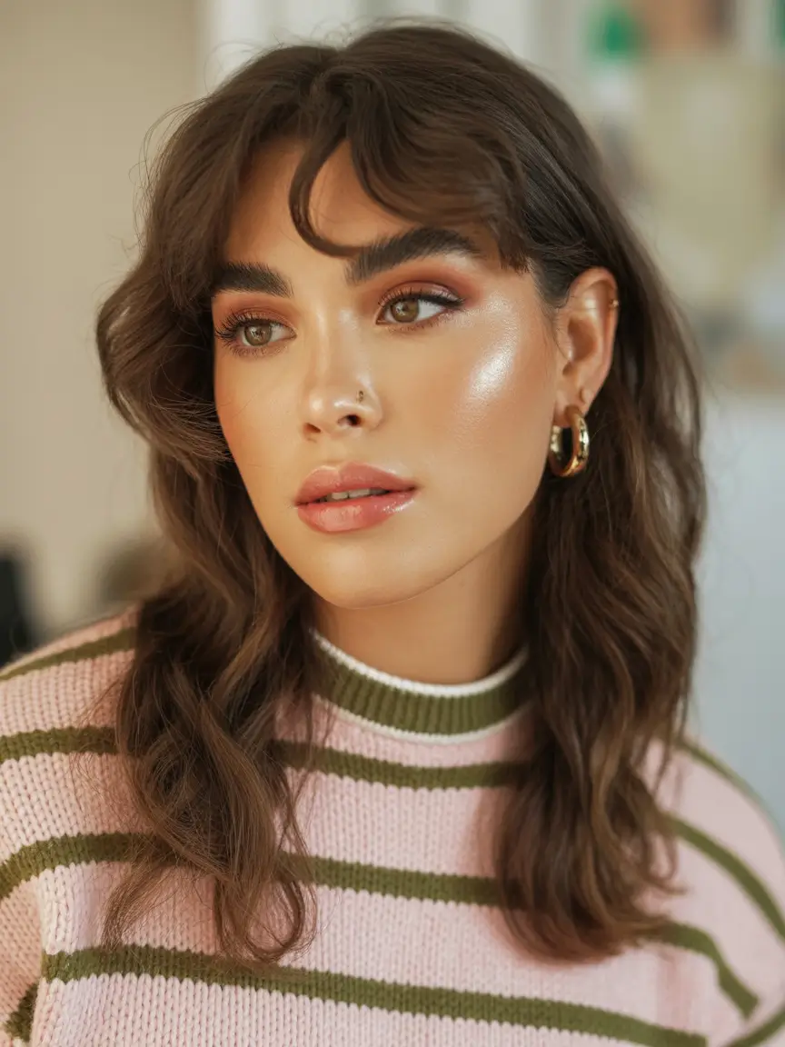 Fall 2025 Hairstyles Perfect for Mid-Length Cuts – Soft Cocoa Waves with Curtain Bangs and Cozy Stripes