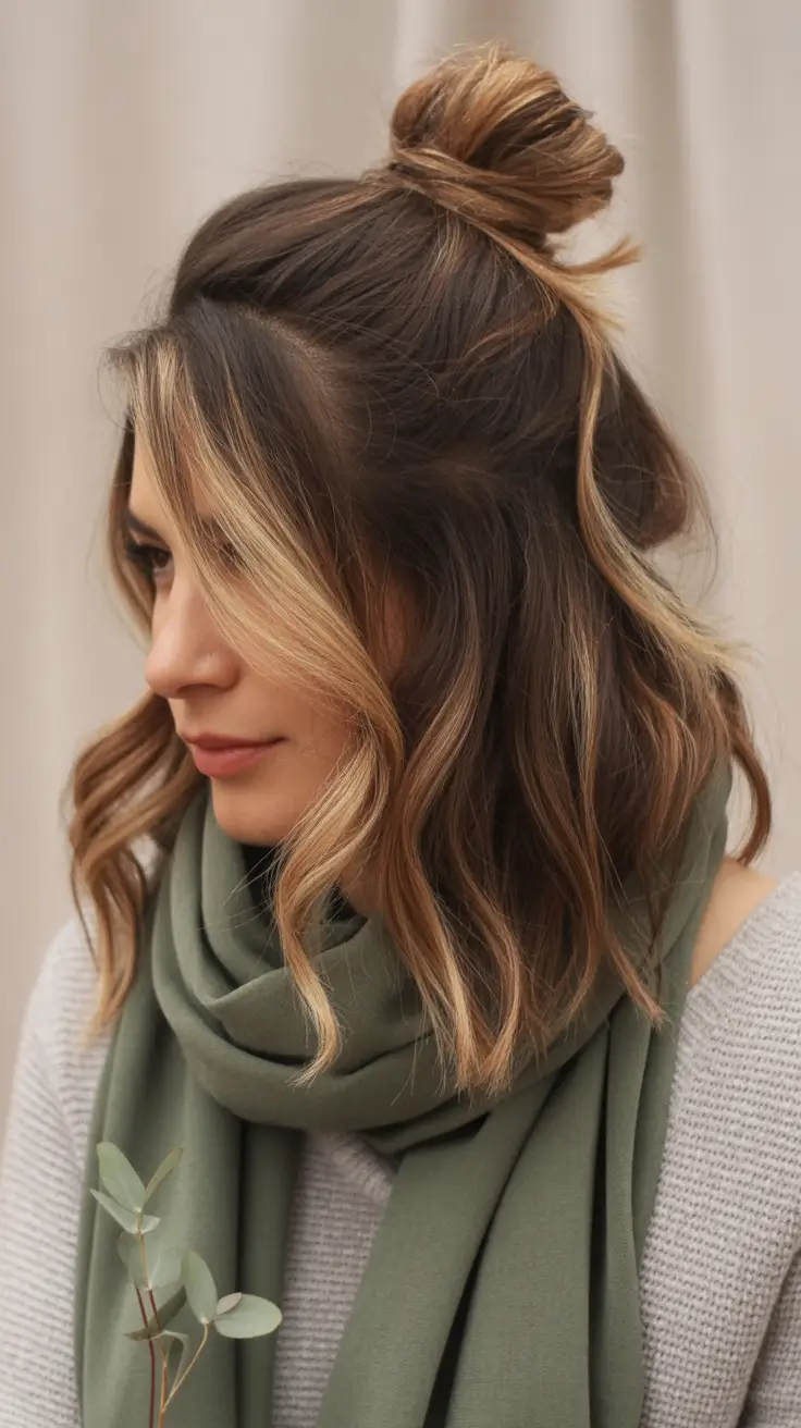 Fall 2025 Hairstyles Perfect for Mid-Length Cuts – Half-Up Cozy Knot with Money-Piece Highlights