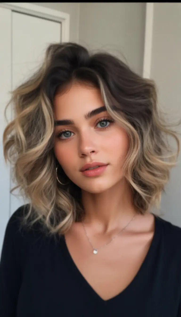 Fall 2025 Hairstyles Perfect for Mid-Length Cuts – Rooty Bronde Lob with Lived-In Waves