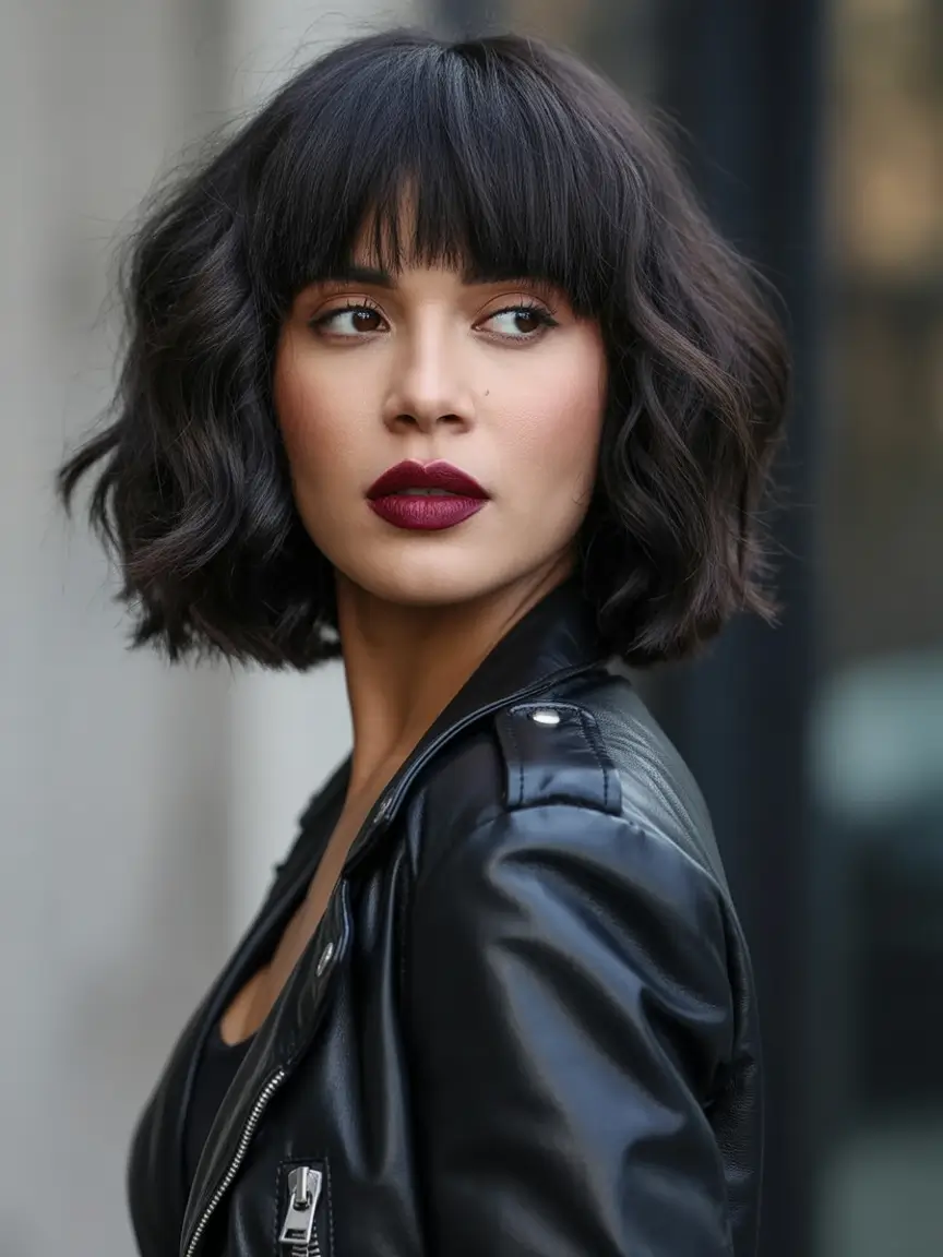 Fall 2025 Hairstyles Perfect for Mid-Length Cuts – Jet Bob with Velvet Curls and Full Fringe