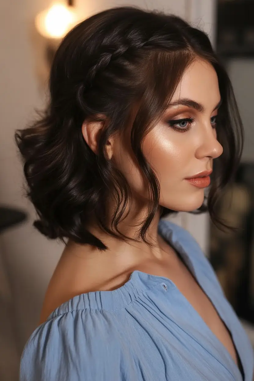 Fall 2025 Hairstyles Perfect for Mid-Length Cuts – Side-Braided Gloss Bob with Evening Waves