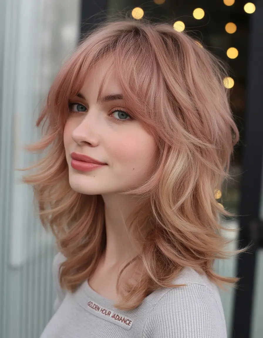 Fall 2025 Hairstyles Perfect for Mid-Length Cuts – Rose-Blush Layered Shag with Feathered Fringe