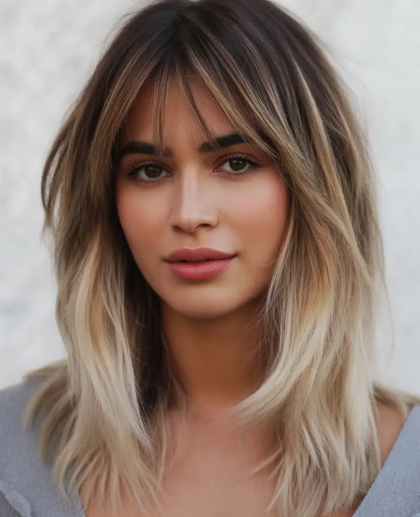 Fall 2025 Hairstyles Perfect for Mid-Length Cuts – Soft Balayage Lob with Bottleneck Bangs